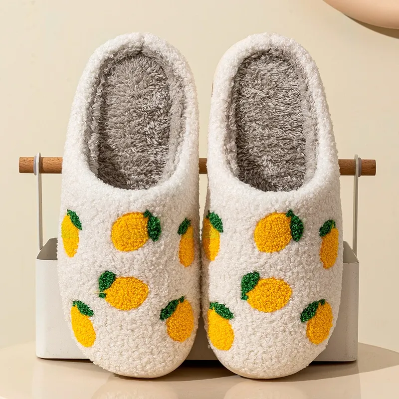 Nette Obst Frauen Hausschuhe Winter Innen Warme Weiche Sohle Atmungsaktive Komfort Anti-slip Schlafzimmer Kausalen Flache Baumwolle Schuhe