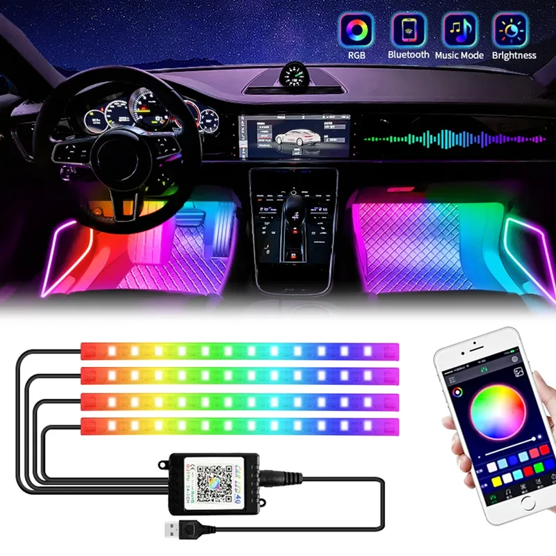 Neon 48 72 LED Auto-Innenraum-Umgebungsfußlicht mit kabelloser USB-Fernbedienung, Musik-App-Steuerung, automatische RGB-Atmosphäre, dekorative Lampen