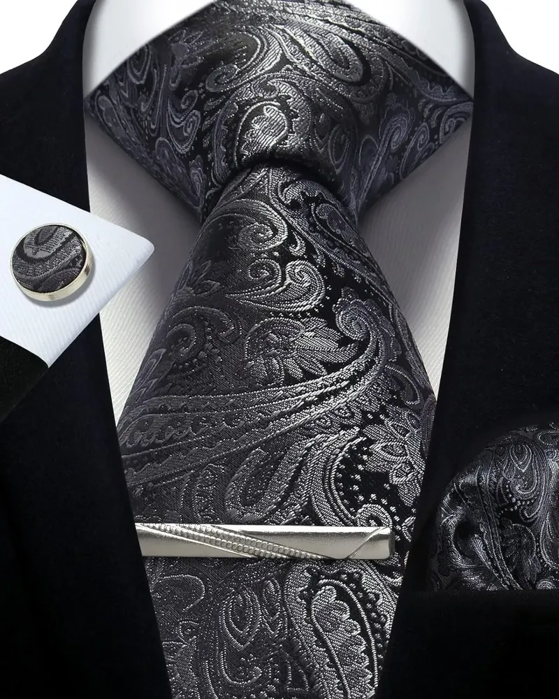 Herren-Krawatten-Set, Seide, Silber, Paisley-Blumenkrawatte und Einstecktuch, Manschettenknöpfe, Krawattenklammer, klassische formelle Krawatten für Männer, Hochzeit, Party