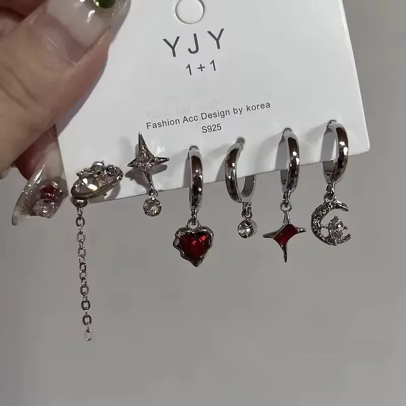 Goth Trendy Red Crystal Star Ohrring Set für Frauen Männer Vintage ästhetische Herz Pentagramm Anhänger Ohrring Y2K Schmuck Zubehör