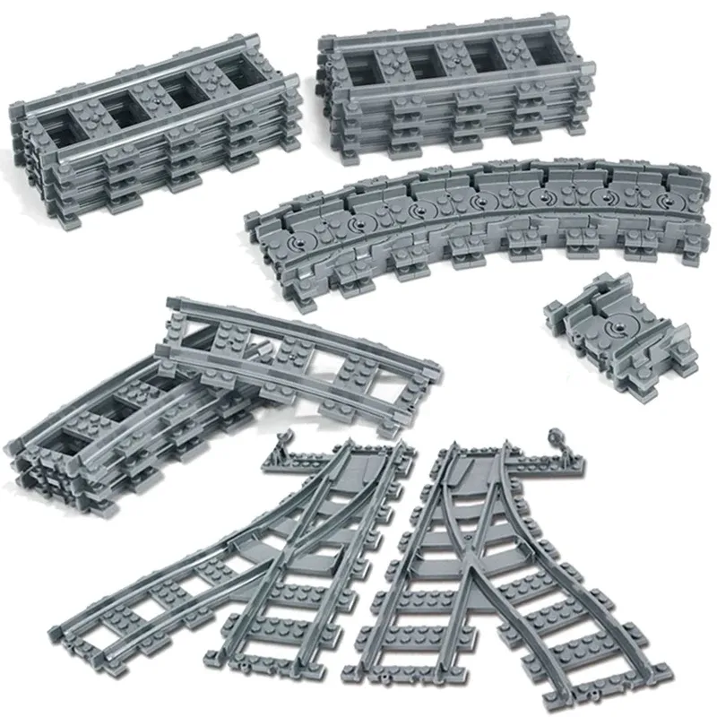 Stadtzüge, flexible Schienen, gegabelte, gerade, gebogene, weiche Schienen, Schienenschalter, Baustein, Ziegel, Kinder, DIY, High-Tech, kreatives Spielzeug