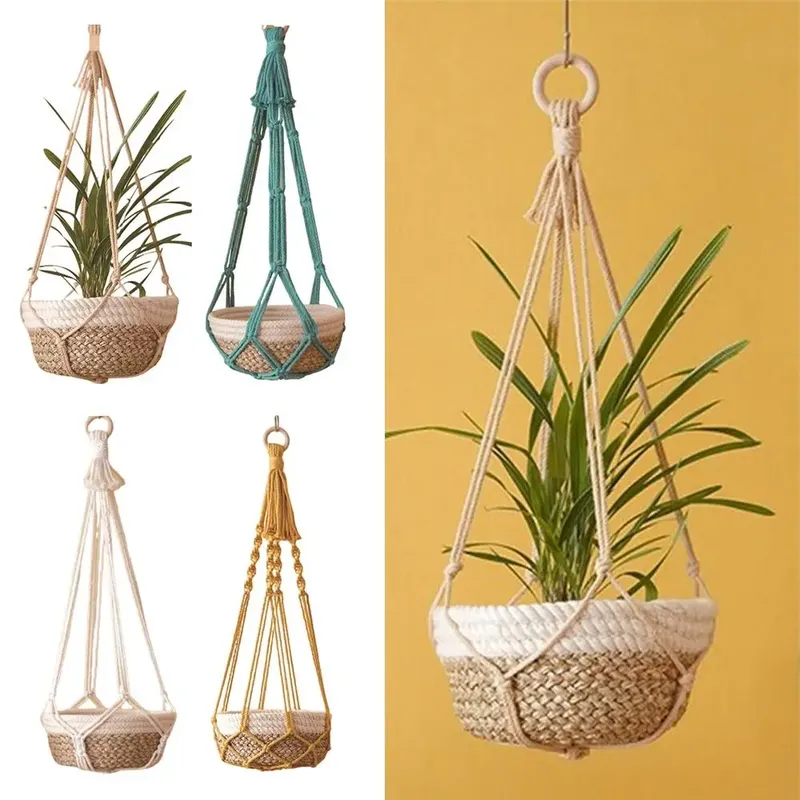 Für Innen Wohnzimmer Balkon Makramee Pflanze Kleiderbügel handgemachte beige Farbe hängenden Korb Garten Pflanze Topf halter Dekor