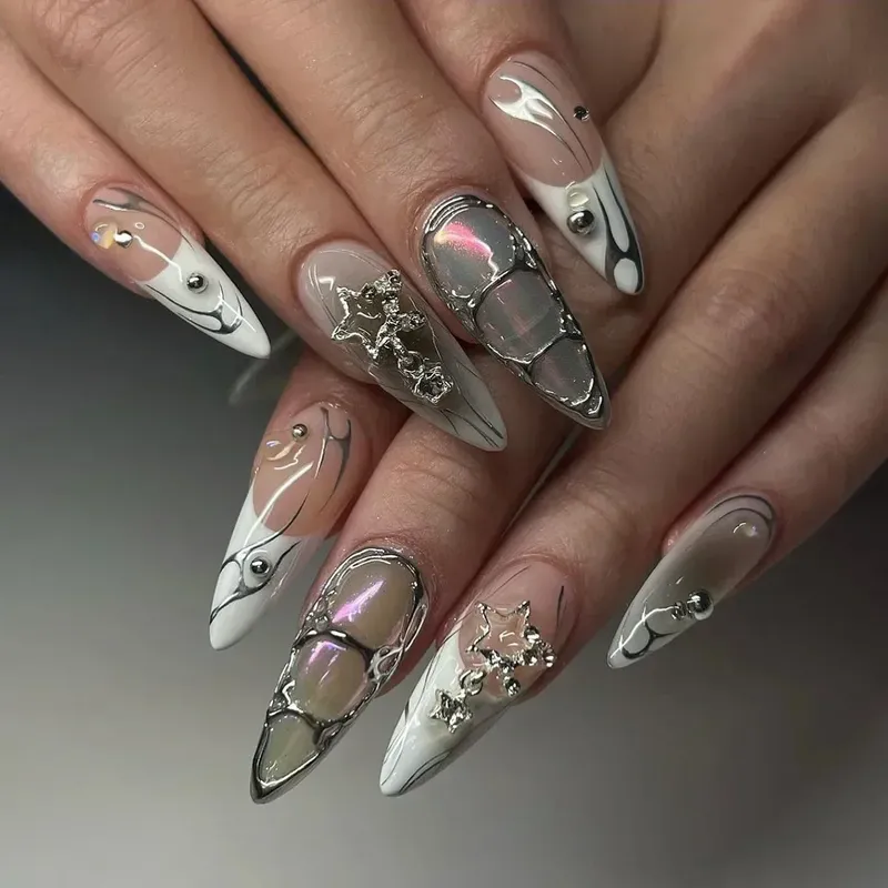 24 Stück Y2k Mandel Acrylnägel Full Cover 3D Diamond Black Nail Art Sweet Cool French Wearable Fake Nail Maniküre Tipps für Mädchen