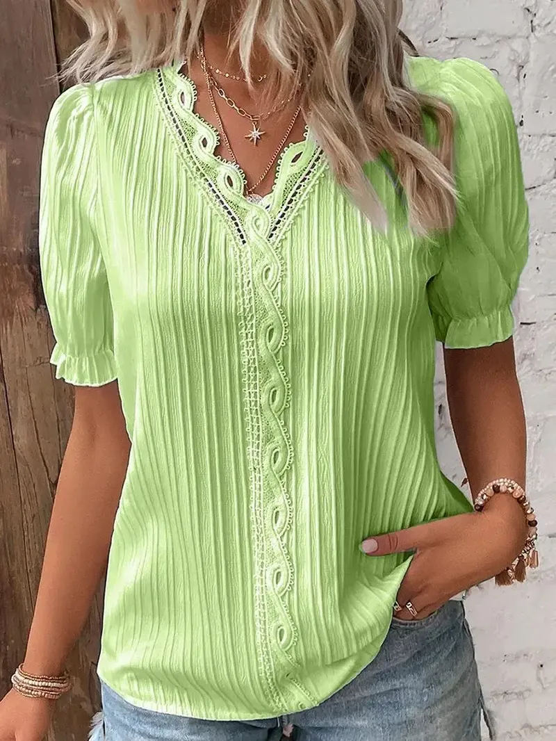 Elegante Frauen Bluse Hemd V-Ausschnitt Spitze Patchwork Kurzarm hemden für Frauen Sommer Dame Tops
