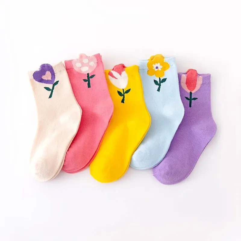 5 Paar Mädchensocken mit niedlichem Cartoon-Blumenmuster, bequeme, atmungsaktive Kindersocken