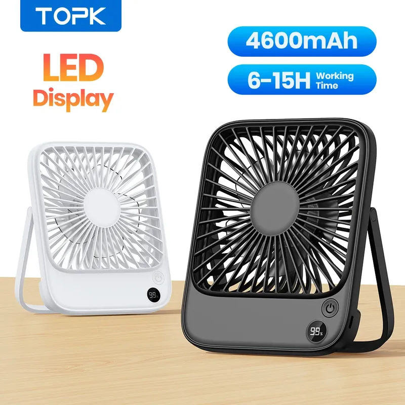TOPK wiederaufladbarer tragbarer Ventilator, elektrischer Mini-Ventilator für Camping, 4600 mAh Akku, USB-Tischventilator, kleine, leise Tischventilatoren für Zimmer und Zuhause