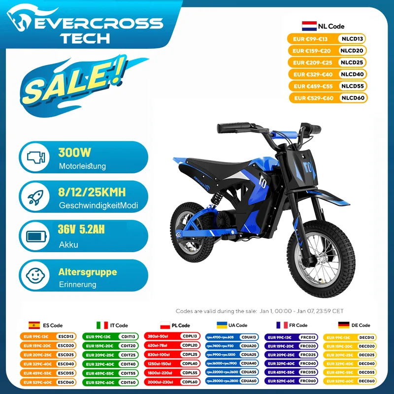 EVERCROSS TECH Kinder Elektro Motorrad EV12M - 300W Motor, 25 km/h Höchstgeschwindigkeit, 15 km Reichweite, 12 Zoll Luftreifen, Motocross für 3-12 Jahre