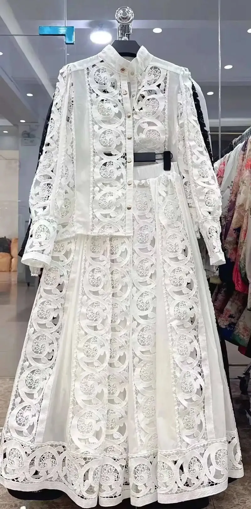Herbst Häkeln Weiße Spitze Stickerei 3 Stück Sets Frauen Kleid Anzüge Aushöhlen Lose Hemd Top Elastische Taille Maxi Rock Anzug