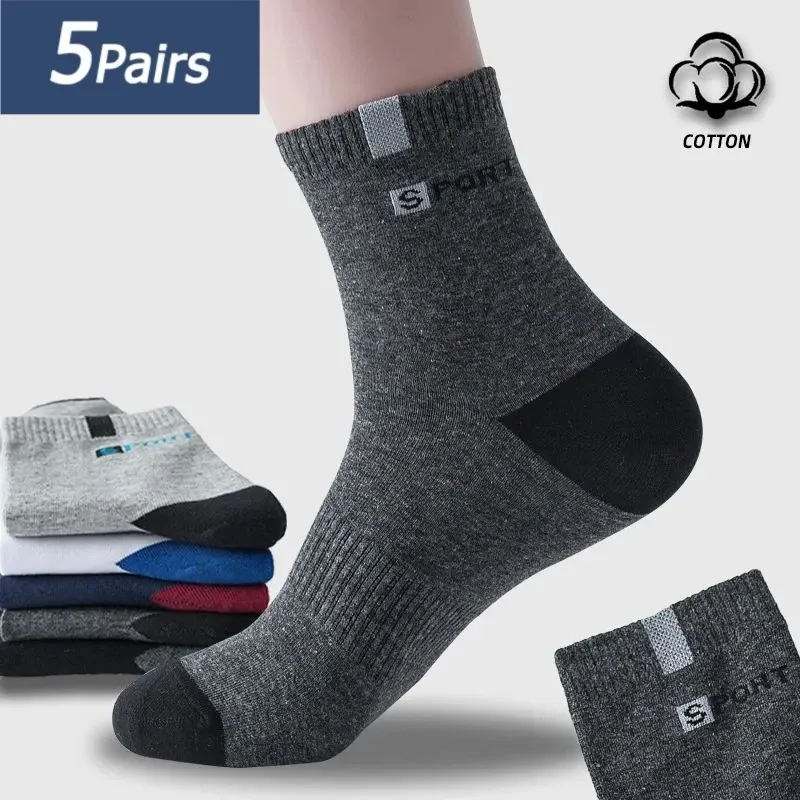 5-Paar Baumwollsocken für Herren, Sport, atmungsaktiv, weich, mit Buchstaben, modische Turnschuhe, hochelastisch, Mittelrohr, Strumpf, Handtuch, Sox, Sommer