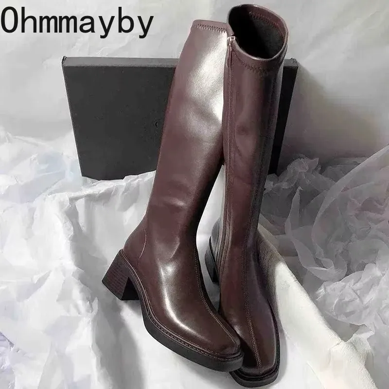Vintage Starke Ferse Frauen Kniehohe Stiefel Mode Seite Reißverschlüsse Schuhe Herbst Winter Damen Concise Lange Botas De Mujer