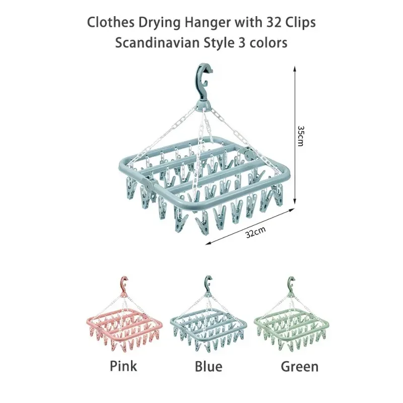 Kleiderbügel mit 32 Clips und faltbarem Tropf-Aufhängeständer für Socken, BHs, Handtücher, Unterwäsche, Mütze, Schals, Hosen, Babykleidung