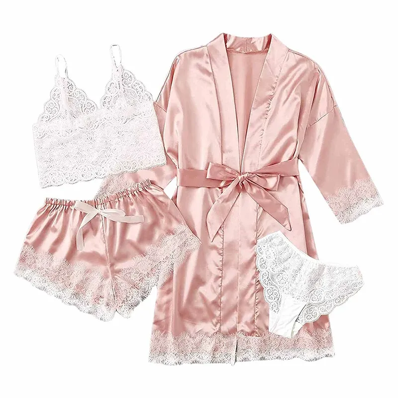 Sexy Pyjama-Hosen-Set für Damen, Sommer, 4-teilig, Spitze, Satin, mit Seide, Nachtwäsche, Robe, modische und bequeme Nachtwäsche