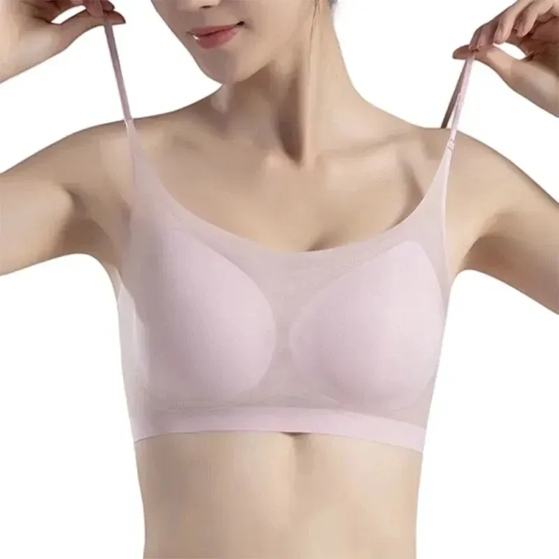 Ultradünne, nahtlose Unterwäsche aus Eisseide für Damen, Übergröße, sexy Top, weich, atmungsaktiv, kabellos, solide Dessous, geraffter gepolsterter BH
