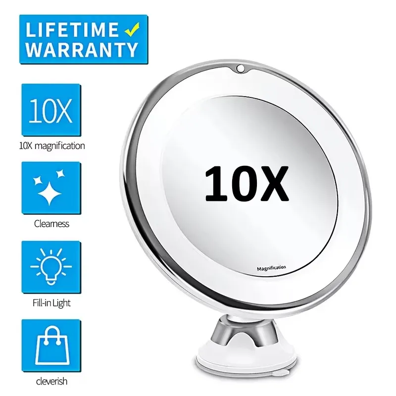 Flexibler Kosmetikspiegel mit 10-facher Vergrößerung und LED-beleuchtetem Schminkspiegel, Beleuchtung, Schminktischlampe, unterer Saugnapf