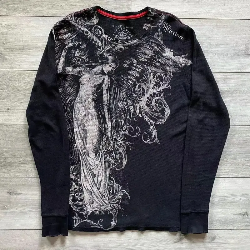 Y2K Affliction Langarm-T-Shirt Mode Rundhals Übergroßes T-Shirt Neue Herren Damen Casual Gothic Kleidung Tops Streetwear