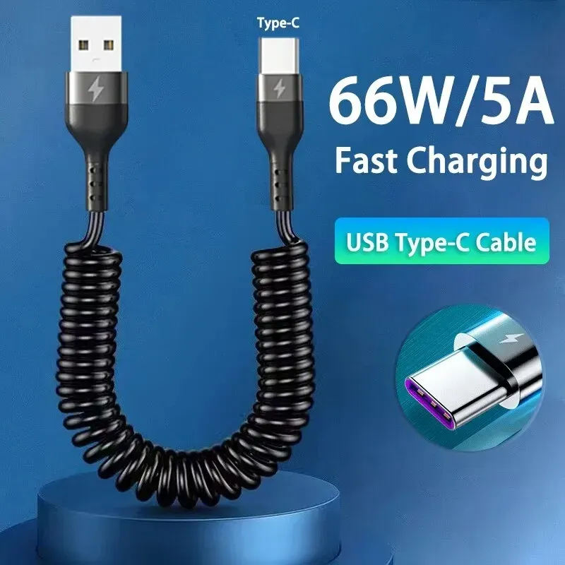 USB Typ C 66 W Auto 5A Schnellladung Typ C auf Typ C Feder-Teleskopkabel für iPhone 15 Samsung Huawei Xiaomi Redmi OnePlus