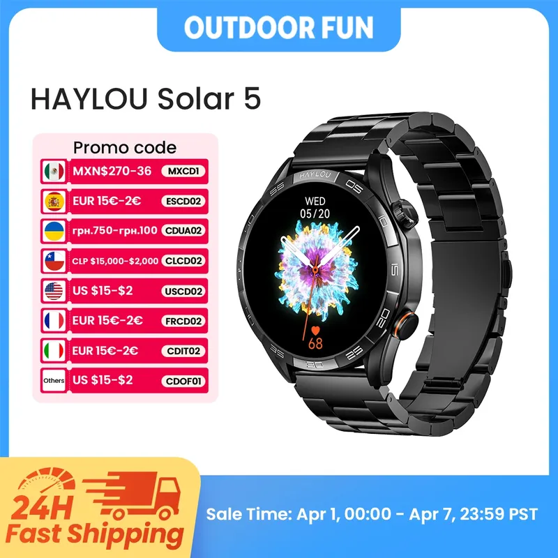 HAYLOU Solar 5 Smartwatch mit Sprachanruffunktion, 1,58'' AMOLED-Display, 60Hz, 24-Stunden-Gesundheitsüberwachung, Sport-Smartwatch für Herren