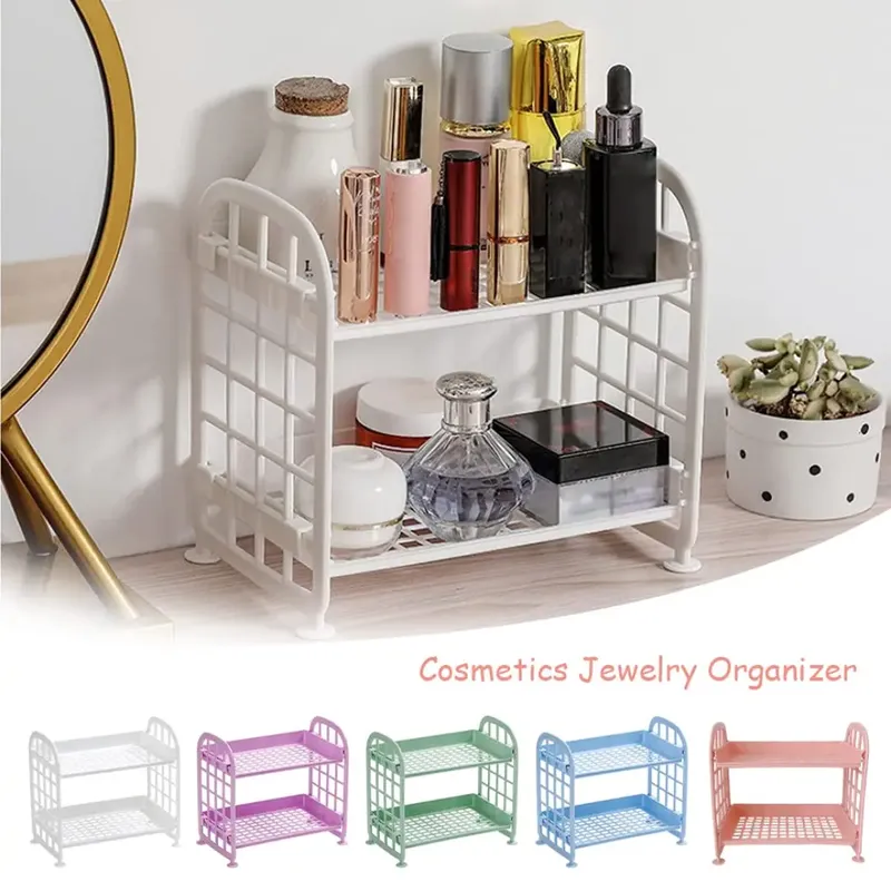 2-stufiges multifunktionales Kunststoffregal, Make-up-Organizer für Hautpflege, Büro, Küche, Schlafzimmer, Badezimmer, zweilagiges hohles Lagerregal