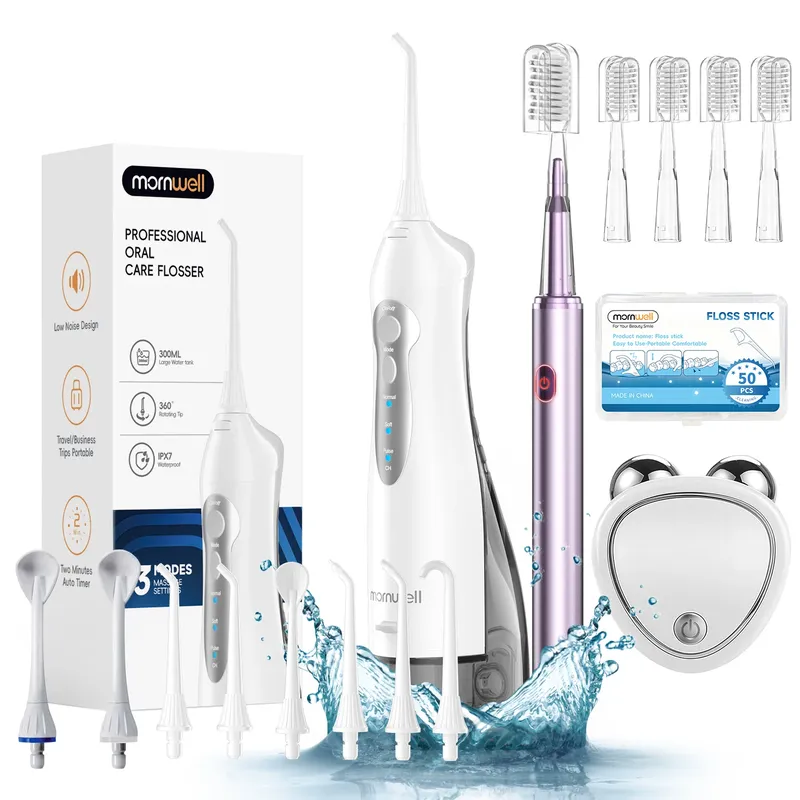 Wasserflosser & elektrische Zahnbürste im Set, 300 ml Wasserflosser mit 6 Düsen, 3 Wasserdruckstufen, 4 Bürstenköpfe für den Heimgebrauch