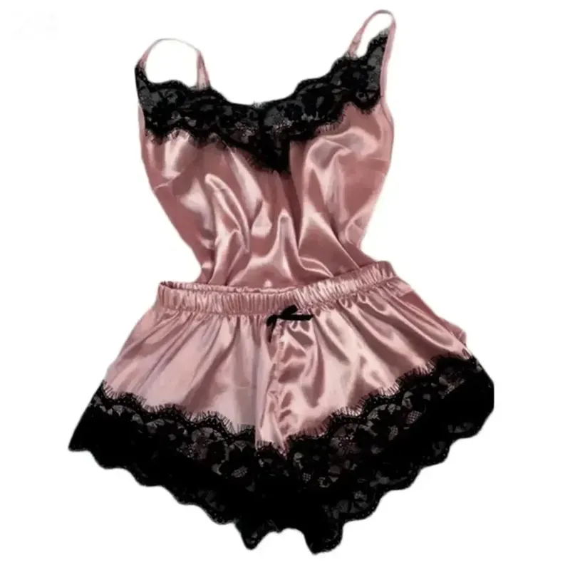 Spitzen-Satin-Pyjama-Set für Damen, Nachtwäsche, V-Ausschnitt, Stretch, sexy Dessous, Trägerweste, Top, Shorts, Nachtwäsche, Pyjama