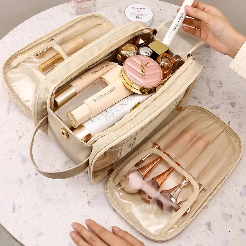 Multifunktionale Make-up-Tasche für Frauen, PU-Leder, große Kapazität, tragbar, Doppelreißverschluss, Reise-Make-up-Pinsel, Toilettenartikel, Aufbewahrungstasche