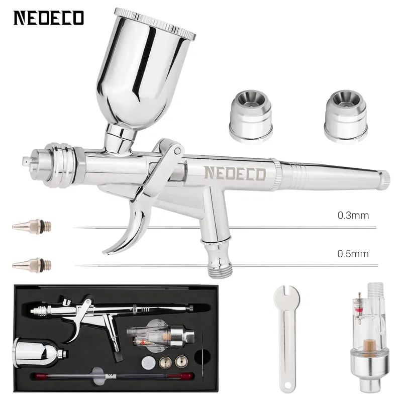 Pistolengriff-Airbrush-Set, 0,3 mm/0,5 mm, mit Lüfterkappe, 15 CC Flüssigkeiten, Tassen, Effizienz für Automodell, DIY, Malerei, Make-up, Nagelkunst, Kuchen