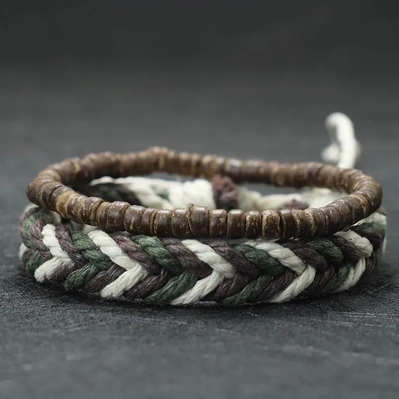 2 Stück Männer Armband Set natürliche Kokosnuss Perlen Armband Homme handgemachte Weaven Makramee Braslet Tiger Augen Stein Brazalete Pulseria