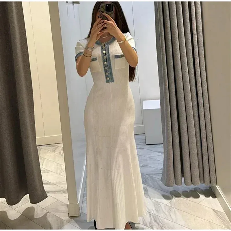 Elegante Kontrast Frauen Stricken Maxi Kleid Chic Oansatz Kurzarm Metall Knöpfe Bodycon Kleider Büro Dame Pendeln Robe