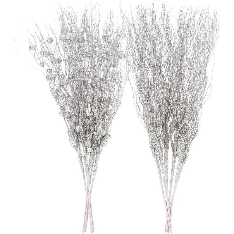 2 Stück glitzernde Zweige, Weihnachtsbaumdekoration, künstliche Blumen für Zuhause, künstliche Blumen, Weihnachtsschmuck, Neujahrsparty-Dekoration