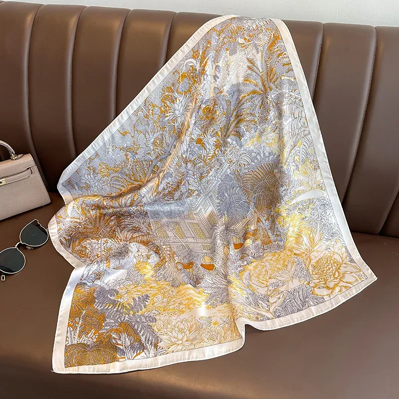 Luxuriöser quadratischer Schal mit Seidengefühl für Damen, 2025, bedruckt, Satin-Halstuch, Frühlings-Haarband, Foulard, Bandana, Echarpe, Krawatte, Schal, Wraps