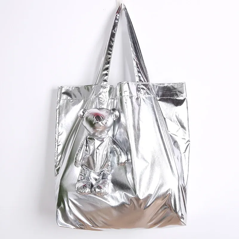 ECO Silver Coated Bear Baumwollfüllung, wasserdichte Tragetasche, hochwertige, wiederverwendbare Einkaufstasche aus Baumwolle mit hoher Kapazität, Einkaufstasche