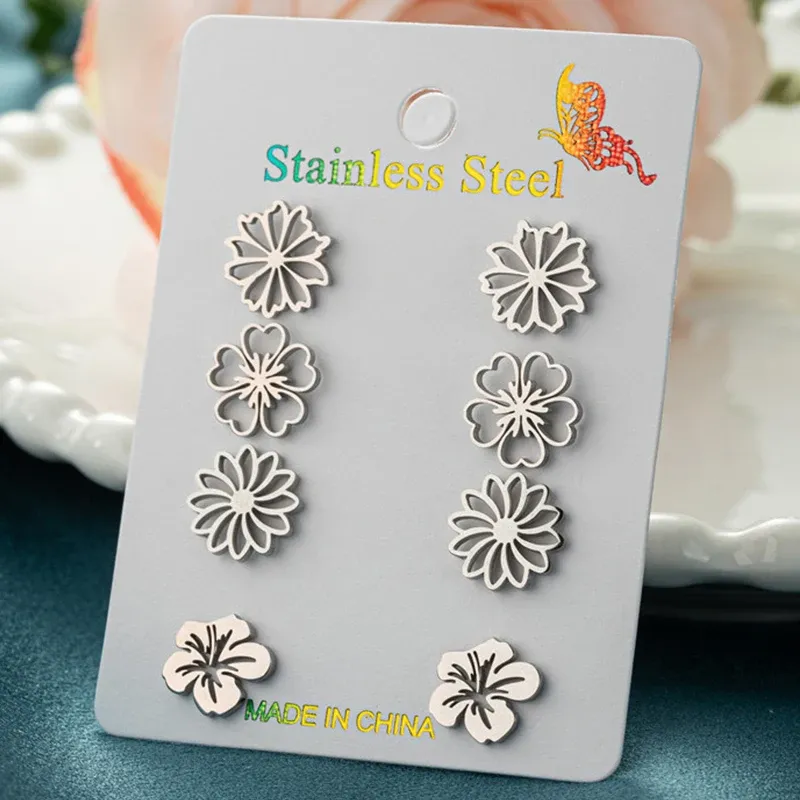 4 Paare/los Großhandel Vintage Metall Pflaumenblüte Kleine Ohrringe für Frauen Fashion Floral Aussage Ohrringe Blume Schmuck Geschenke