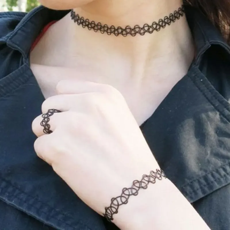 Tattoo Halskette 90er Jahre Vintage Retro elastische Gothic Schmuck hohle Frauen Schmuck Halskette Dehnung Sommer Stil Halskette Fußkettchen