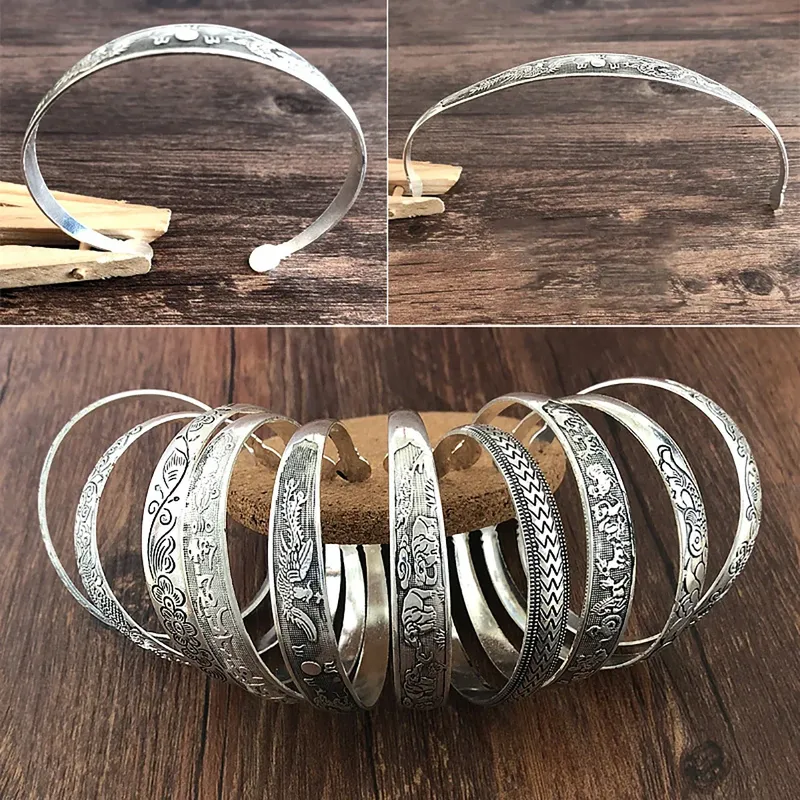 Neue Retro Manschette Armbänder Tibetischen Silber Metall Carving Fisch Elefanten Blume Armreifen Vintage Gypsy Schmuck Weibliche Geschenke