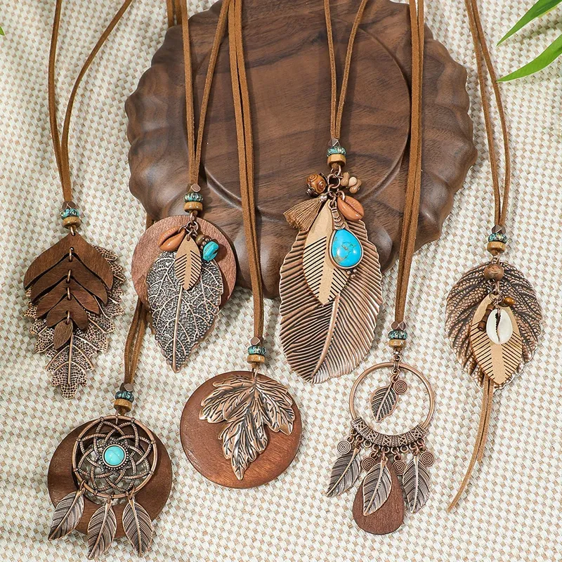 7-teiliges Boho-Set mit langen Halsketten, brauner Anhänger, Halsketten, Pulloverkette, türkisfarbenes Muschel-Design, Tribal-Schmuck, Party-Dekorationen, hebt