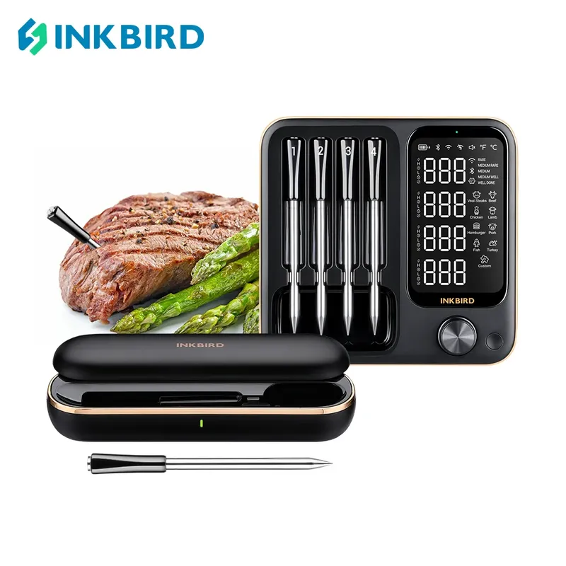 INKBIRD Wirklich kabelloses Fleischthermometer, 2 Arten, wasserdichtes digitales Lebensmittelthermometer für Truthahn, Rindfleisch, Rotisserie, Grill, Ofen, Grillen