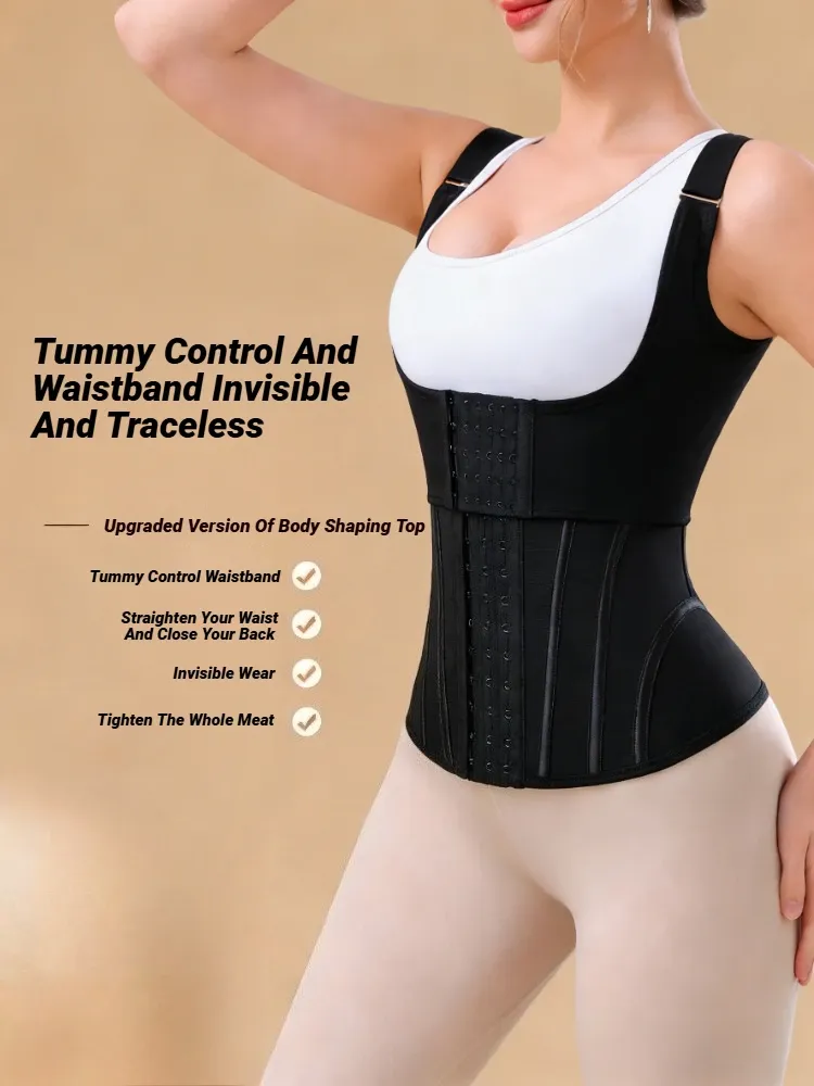 Körperformer Shapewear Damen Weste Tops Doppelte Kompression Taillentrainer Korsett Verstellbarer Reißverschluss und Hakenverschluss Latex Bauchweg