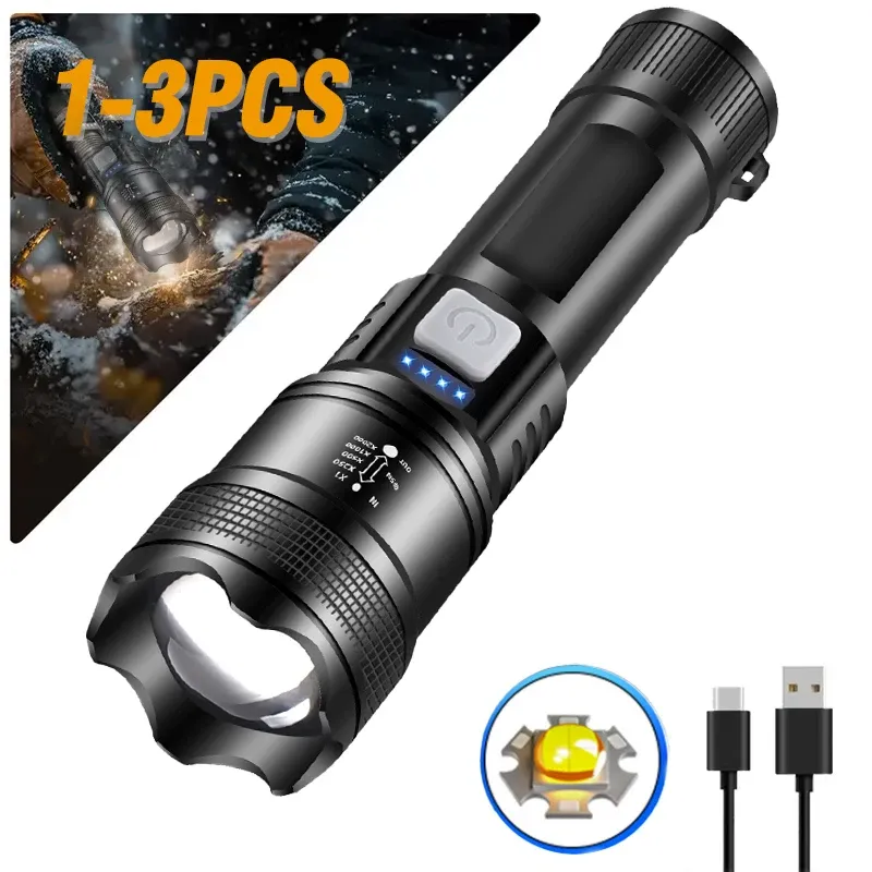 1-3PCS Hohe Starke Power Led Taschenlampen Taktische Taschenlampe mit Display Licht USB Lade Camping Angeln Notfall zoom Laterne