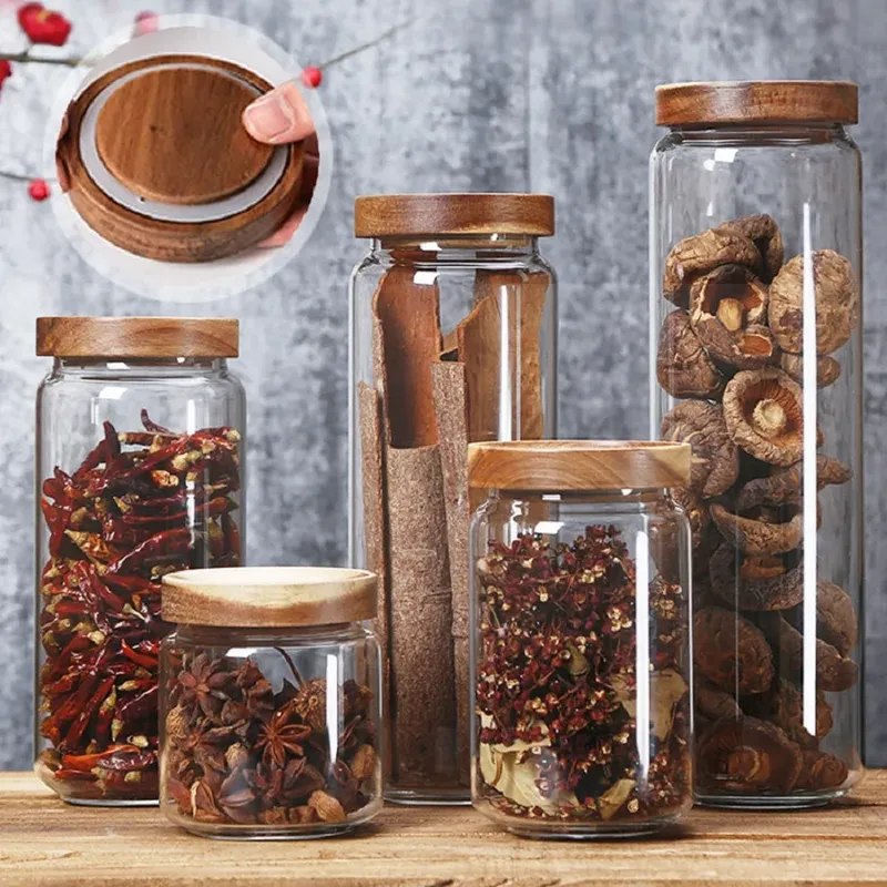 1-teilige kleine Vorratsdosen aus Glas mit luftdichten Deckeln, Kaffeebehälter mit Holzdeckel, Glas-Speisekannen für Bohnen, Reis, Zucker