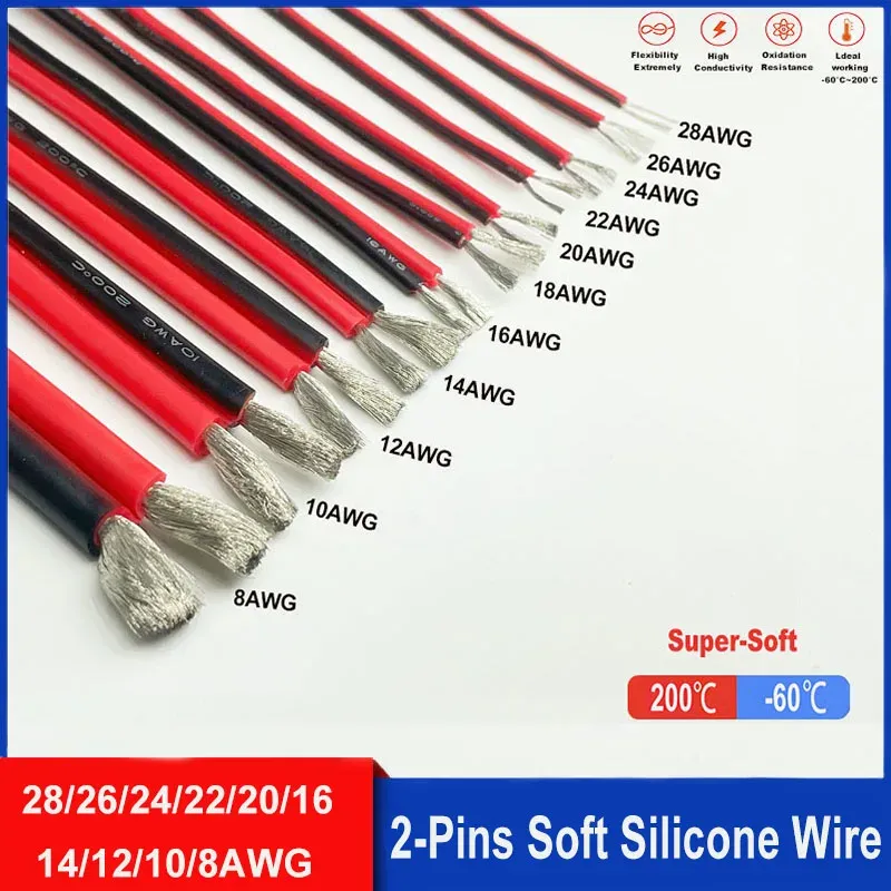 Superweiches 2-poliges rotes und schwarzes Silikonkabel 28awg 26awg 24 22 20 18 16 14 12awg 10awg 8awg Hochtemperatur verzinnter Kupferdraht