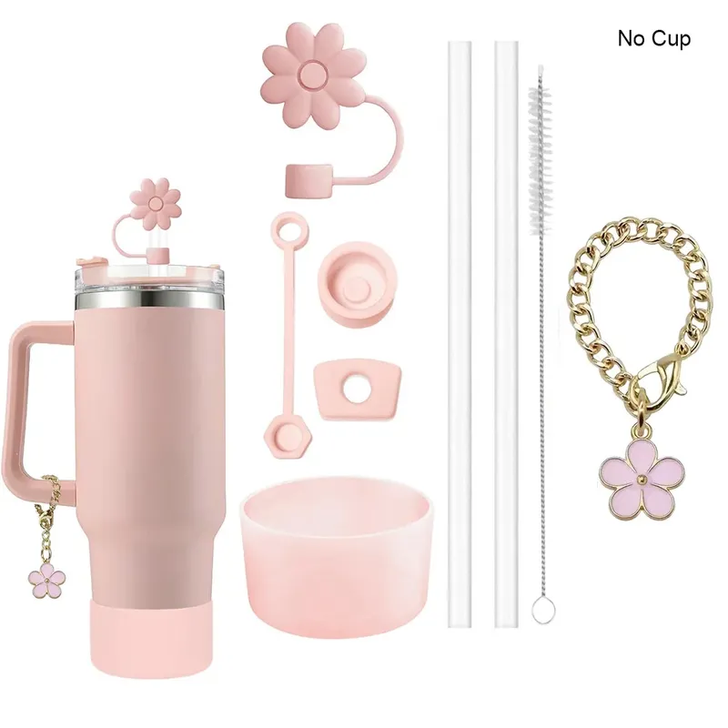 9-teiliges Zubehör-Set, 3 auslaufsichere Stopper, Blumen, Strohhalm-Abdeckung, Stiefel, 2 Stroh und Bürste und 1 Blumen-Charm-Kette für Stanley Cup