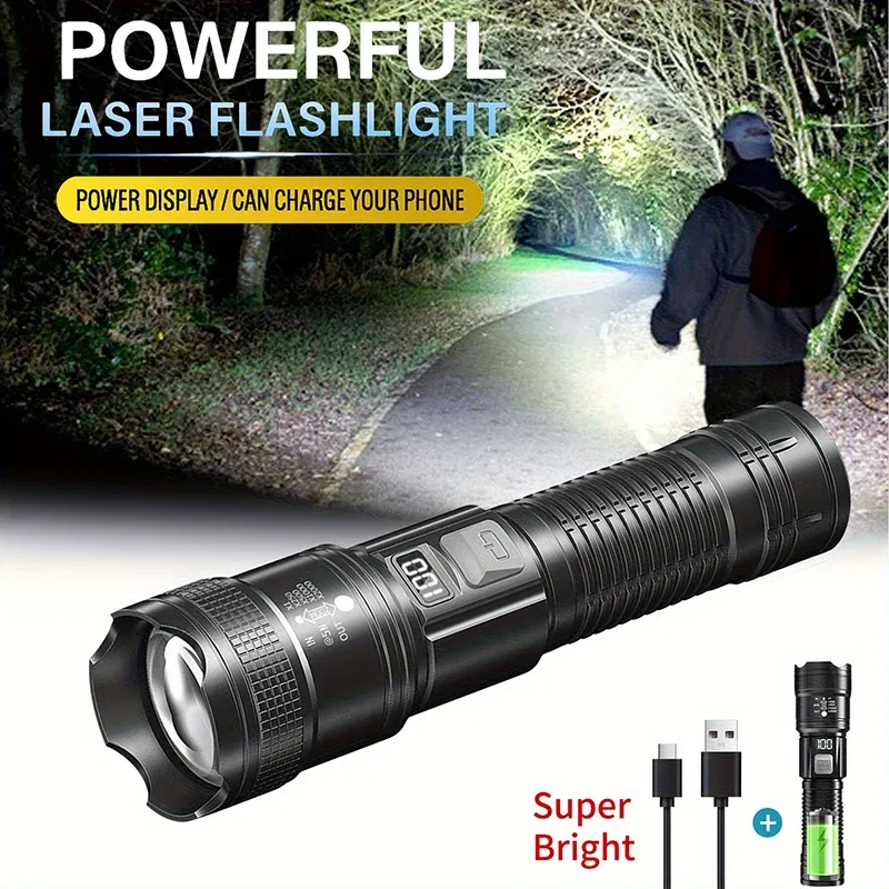 Wiederaufladbare LED-Taschenlampe, zoombare Taschenlampe mit LCD-Display, 3 Modi, wasserdicht, Hochleistungs-Handlicht, Outdoor, Wildnis, Camping