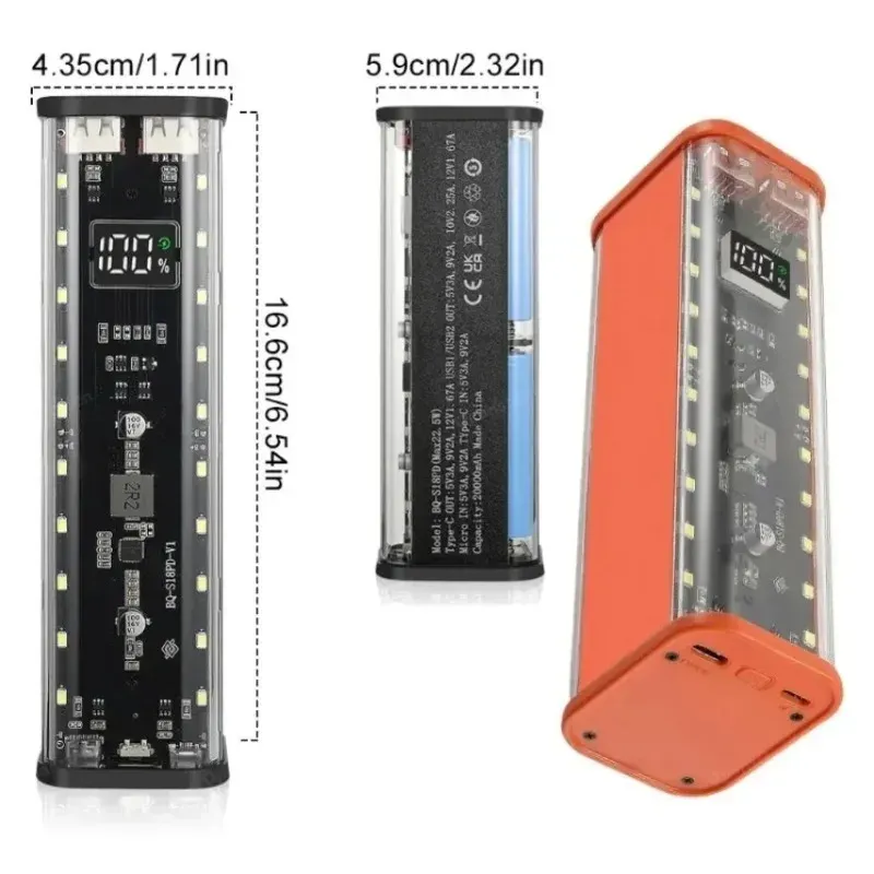 Transparentes Gehäuse 8*18650 Powerbank-Gehäuse 22,5W Schnellladung LED USB-C + Micro-USB-Anschluss Batterie-Aufbewahrungsbox für iPhone Samsung