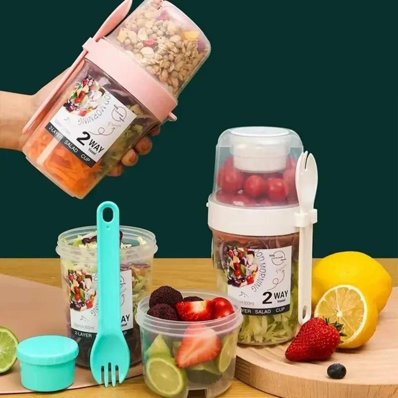 Tragbare Salat Tasse Frühstück Tasse Lebensmittel Stratifikation Joghurt Getreide Haferflocken Snacks Parfait Container Obst Box Tasse Mit Deckel Gabel
