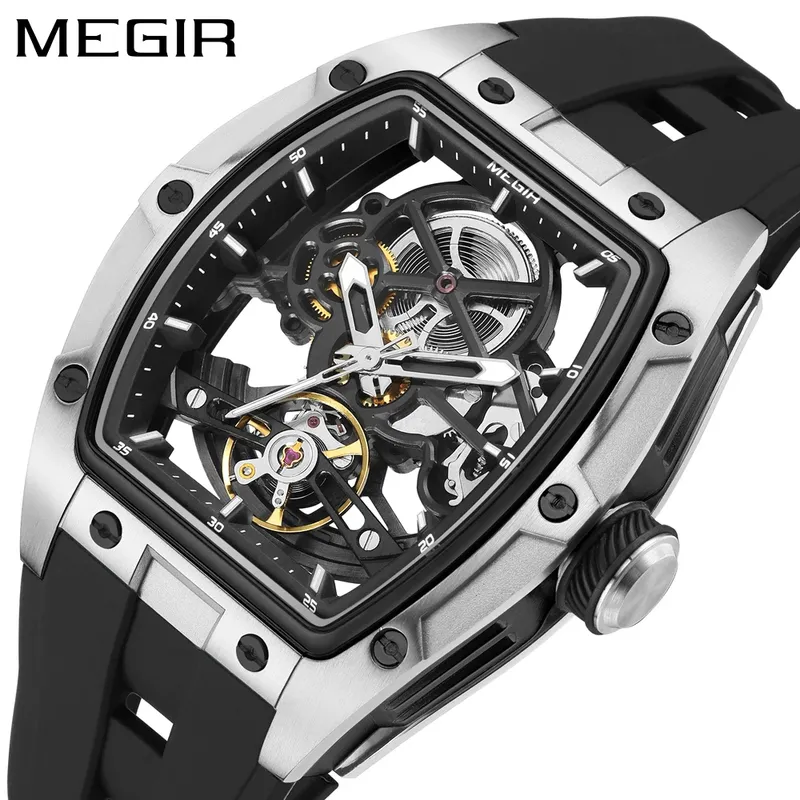 MEGIR Mode Freizeit Legierung Fall Männer Mechanische Uhr Silikon Band Barrel Geformt Zifferblatt Leucht Zeiger Design Mann Armbanduhr