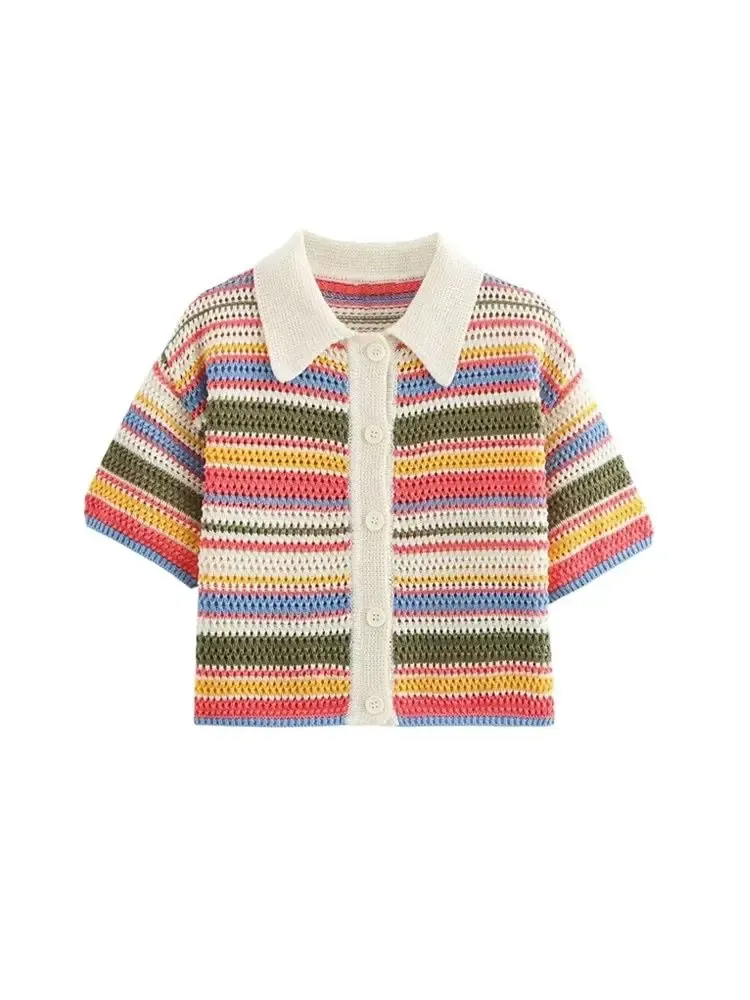 Gestreifter Häkelstrick-Crop-Pullover für Damen, Polokragen, kurze Ärmel, Knopfleiste, weibliche Oberbekleidung, schicke Oberteile, Mode