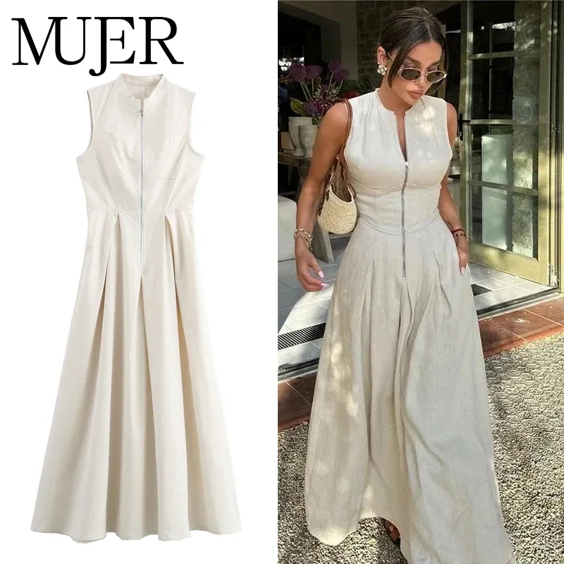 MUJER 2025 Drapierte lange Kleider für Frauen, ärmelloses Maxikleid mit Reißverschluss, Damen-Sommerurlaub, Damenkleider, gerüschtes Party-Frauenkleid