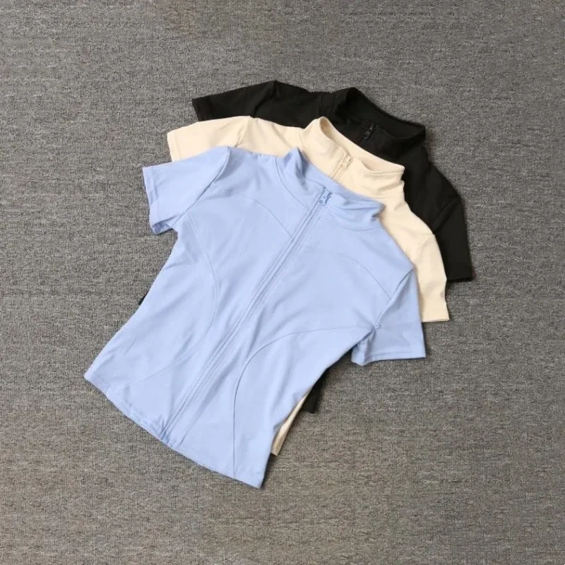Sommer Hohe Qualität Taille Abnehmen Training Tops frauen Schnell trocknend Engen Stehkragen Voll Zipper Kurzen Ärmeln Yoga shirts
