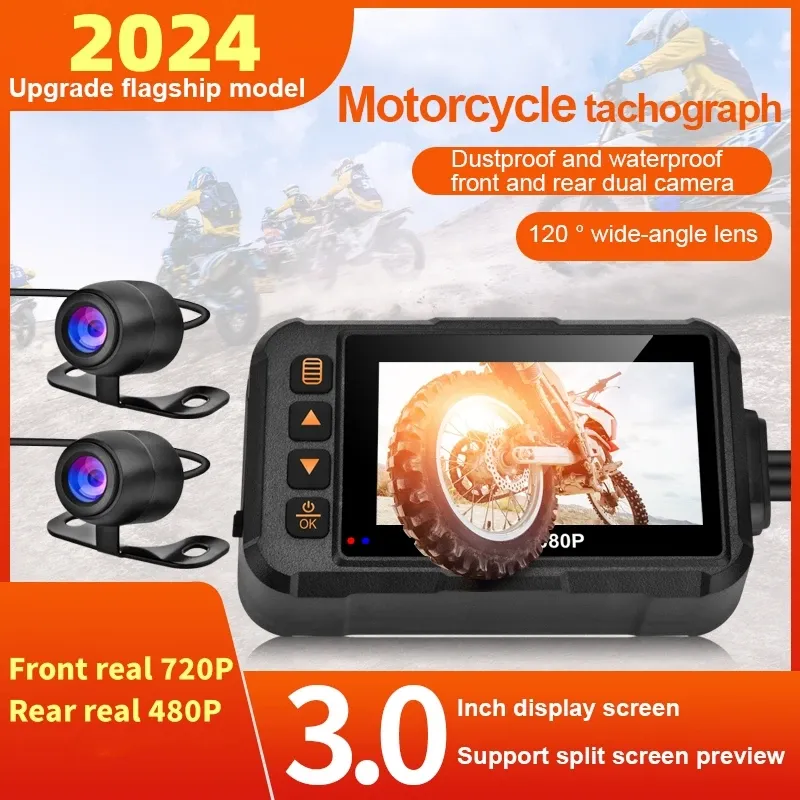 3-Zoll-Motorrad-Dashcam, wasserdichte Motorradkamera, DVR vorne, 720 P und hinten, 480 P-Kamera, Video-Loop-Recorder, schwarze Nachtsicht