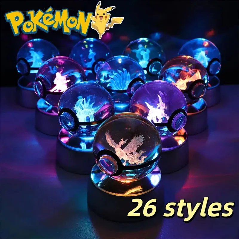 Pokemon Kristallkugel Pikachu Gengar Eevee Mewtwo Lacario Anime Spiel Pokeball Led Nachtlicht Basis Kinder Geburtstagsgeschenk Wohnkultur